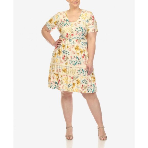 NWT White Mark Floral Short Sleeve Knee Length Dress PS327 2X Beige Brown Multi - Picture 1 of 6